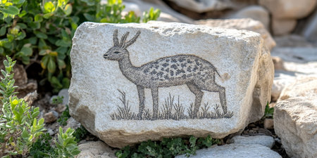 Stone Carving of an Antelope Ancient Petroglyph on Rock in Natureの素材