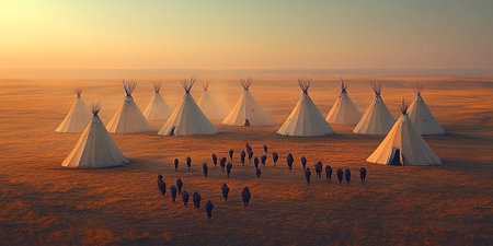Native American Teepees on Prairie at Sunrise Bison Herd Grazingの素材