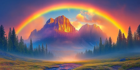 Majestic Mountain Landscape with Vibrant Rainbow Sunrise sky fog red view mist blue calmの素材