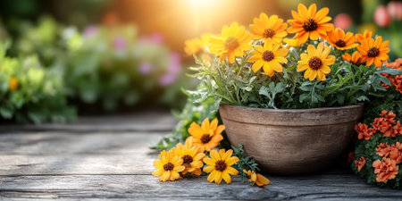 Vibrant Orange Flowers in Rustic Pot on Wooden Table Sunny Garden Backgroundの素材