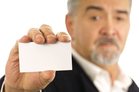 Businessman shows his business card - just add your text! Serious, even unhappy look on his face.