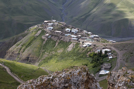 village Xinaliq at Azerbaijan Asia view from oposite hill mountines Caucasusの写真素材