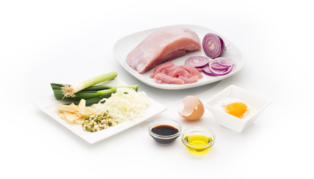 turkey meat with various ingredients isolated on white backgroundの写真素材