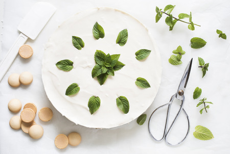 white cream cheese cake with mint leavesの写真素材