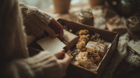 Close-up of girl's hands in sweater placing a handwritten note into gift box with dried flowers and botanical arrangement, featuring natural tones and vintage aestheticの素材