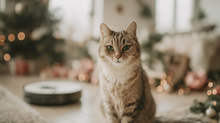 A beautifully focused portrait of a striped domestic cat in a Christmas-adorned room featuring a decorated tree with presents, radiating festive warmthの素材