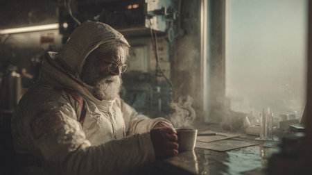 A gray-haired man with glasses, resembling Santa Claus, sits at a table in a polar station and drinks a hot beverage from a mugの素材