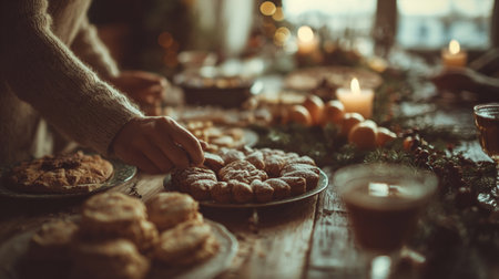 Close-up of woman's hand in knitted sweater taking pie from beautifully set Christmas table with treats, pine cones, mandarins and drinksの素材
