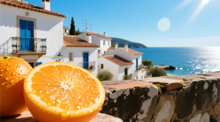 A vibrant close-up of succulent oranges against a blurred backdrop of a sunny European shoreline, with authentic houses and sun rays creating a joyful summer atmosphereの素材