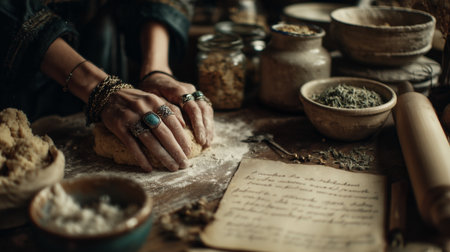 A witchy baker's hands knead dough on a rustic table on All Saints' day, surrounded by ancient recipes and magical ingredients, bathed in warm, moody lightの素材