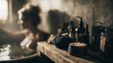 A blurred woman bathes in a cinematic bathroom scene. A candle and skincare products dominate the foreground, evoking mystical, witchy associations through dark tones and subtle nudityの素材