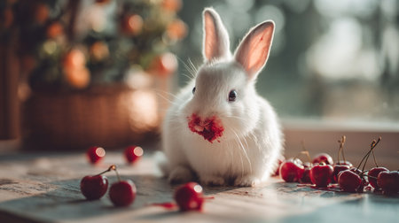 A white rabbit sits on a house table among eaten cherries, its face amusingly stained with red juice like a predator's, captured in soft focus with a blurred background on a sunny dayの素材