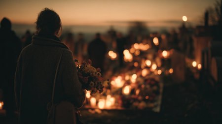 A woman in a coat with flowers visits family graves on All Saints' Day. The cemetery glows warmly with candles in soft twilight, creating a nostalgic and comforting sceneの素材
