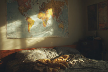 A room with an unmade bed at its center, a sun reflection from the window on the wall, and a world map-a lively, natural photo with a cozy, homely atmosphere.の素材