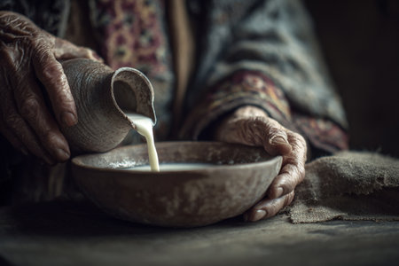 The wrinkled hands of an elderly grandmother hold a bowl as she pours milk from a clay vessel, captured with beautiful soft focus and natural tonesの素材