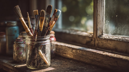 A close-up of a glass jar surrounded by other containers on the sill of an old window with dusty panes. The jar artist holds's brushes, and soft sunlight streams through the window, creating a bohemian atmosphere in the photoの素材