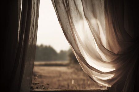 Morning light through a sheer beige curtainの素材