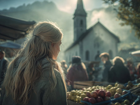 Blonde woman at Swiss market looking at fruitの素材