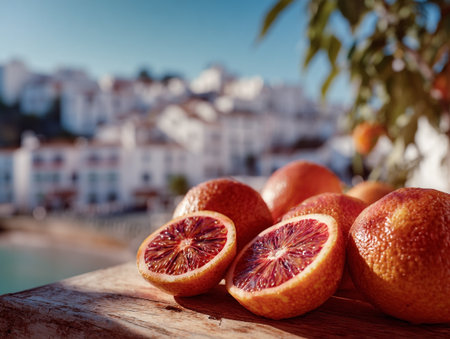 Red oranges with Spanish houses and sea in backgroundの素材