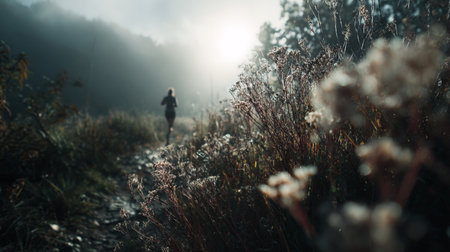 Silhouette of a runner in misty morning mountainsの素材