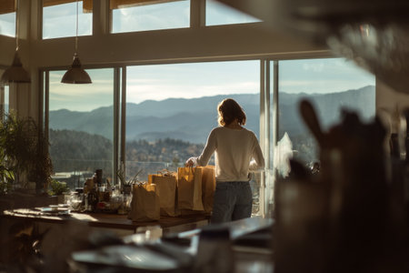 Woman in jeans checks grocery bags in sunlit kitchenの素材