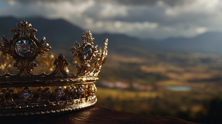 Ancient gold crown on wooden railings in natureの素材