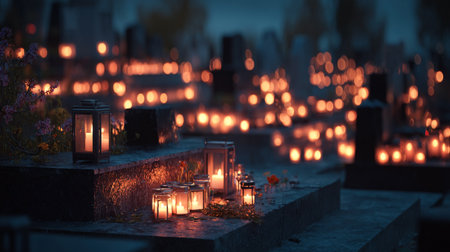 Candles on a gravestone at dusk, All Saints Dayの素材