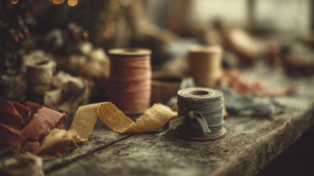 Macro photo of spools with wrapped gift ribbons standing on a wooden table next to a Christmas tree, showcasing festive wrapping materials in close detailの素材