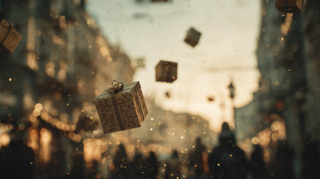 Christmas gift boxes float magically above people walking through city streets adorned with holiday lights, captured with beautiful bokeh and natural tonesの素材