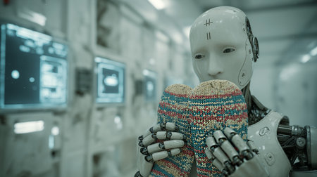 An android robot thoughtfully holds warm knitted socks-an impractical and misplaced Christmas gift for a machine, creating a poignant, ironic holiday sceneの素材