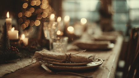 A festively decorated table in a home, featuring a set of plates and cutlery in the foreground, surrounded by Christmas decorations-a small tree and candlesの素材