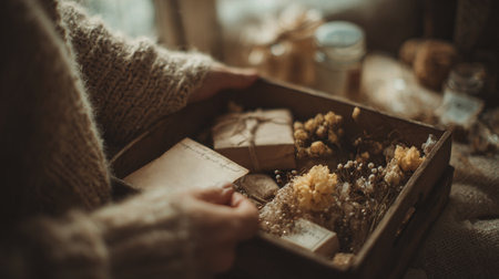 A woman in a knitted sweater holds a wooden gift box filled with dried flowers and ribbon-tied parcels while adding a handwritten note, retro and vintage natural-toned atmosphere.の素材
