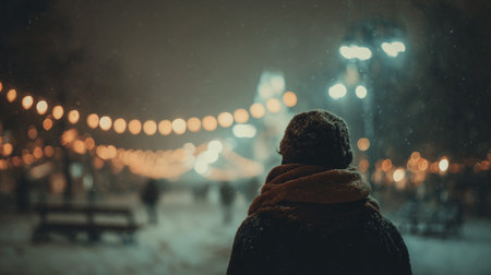 A person walks through a city park in winter, everything covered in snow, surrounded by beautiful evening illumination and lanterns with light snowfallの素材