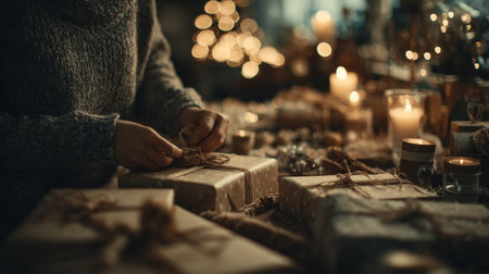 Women's hands tying a ribbon bow on a gift, surrounded by other wrapped boxes and glowing candles creating a magical Christmas atmosphereの素材