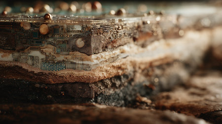 Cross-section of a high-tech mineral or object revealing microchips and electronic components embedded between layers of different rock formations in macro detailの素材