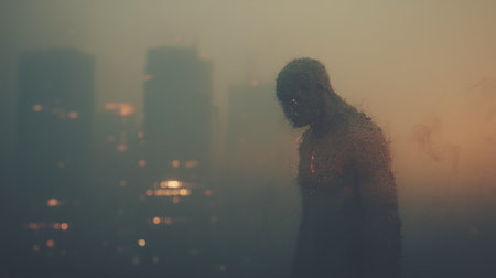 A giant humanoid creature made of organic materials and gases walks before a glowing metropolis at dusk, its luminous core visible through trailing smokeの素材