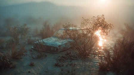 A dying old rusted 1970s car lies half-buried in sand, bathed in the glow of the setting sun among resilient plants and shrubsの素材