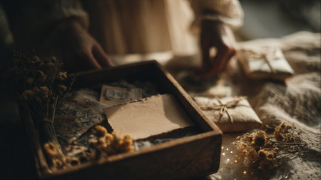 A girl in a vintage white dress carefully places gifts into a wooden box already containing dried yellow flowers and cards, creating a soft-focused retro artistic atmosphereの素材