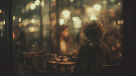 View from the street through a window: a young curly-haired girl sits in a warm cafe with coffee and tea at her table, awaiting a guest in the empty chair oppositeの素材