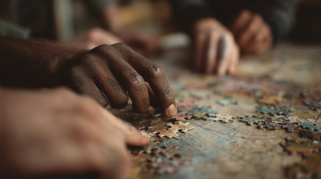 Hands of Black and white men collaboratively assembling a puzzle on a table, metaphorically representing integration, teamwork, and tolerance beyond differencesの素材