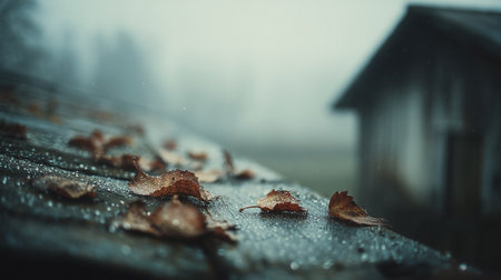 Withered yellow autumn leaves scattered across a shed roof with a wooden house in the background, creating a gloomy and overcast atmosphereの素材