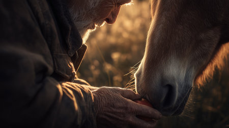 An elderly, gray-haired man feeds a horse an apple from his hand. Bathed in soft sunlight with natural tones and beautiful focus, the photo captures an atmosphere of trust and care between the animal and the humanの素材
