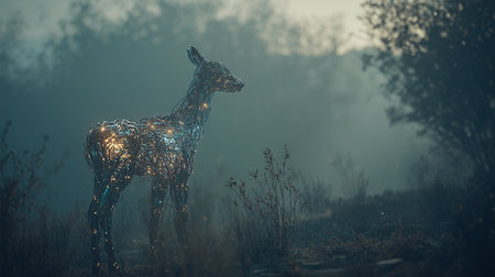 A figure of a deer made from shimmering, glowing electric fibers stands in a forest clearing enveloped in light fog at dawnの素材