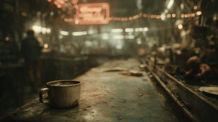 A mug with dark thick hot liquid stands on a dusty bar counter in steampunk style, with blurred neon lights and bar signs in backgroundの素材