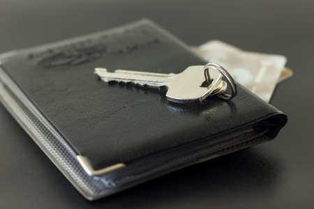 Key documents credit cards on a black backgroundの写真素材