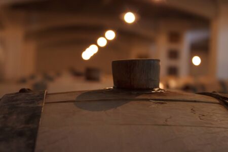 large barrels of wine in wine cellarの写真素材