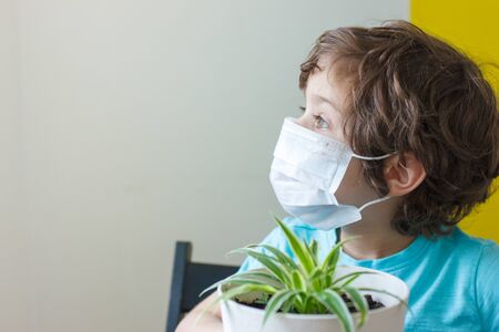 Curly boy in a medical mask holds a potted flower and looks out the window. isolation and quarantine concept for coronavirus epidemic.の写真素材