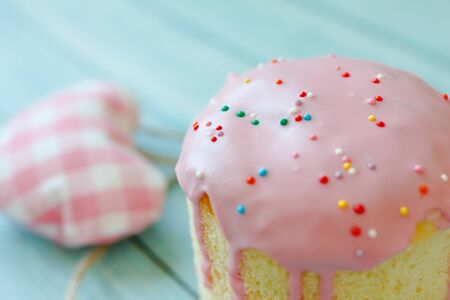 Sweet bread traditional easter orthodox celebration cake panettone also called kulich glazed with...