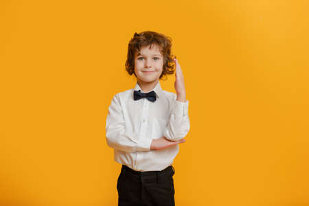 school boy smiles, hand up and holds book. Concept back to schoolの写真素材