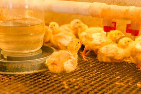 Indoors chicken farm, chicken feedingの写真素材